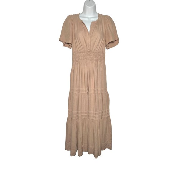 Anthropologie The Somerset Flowy Maxi Dress Linen Tiered Tan Light Brown XSP - Picture 5 of 15